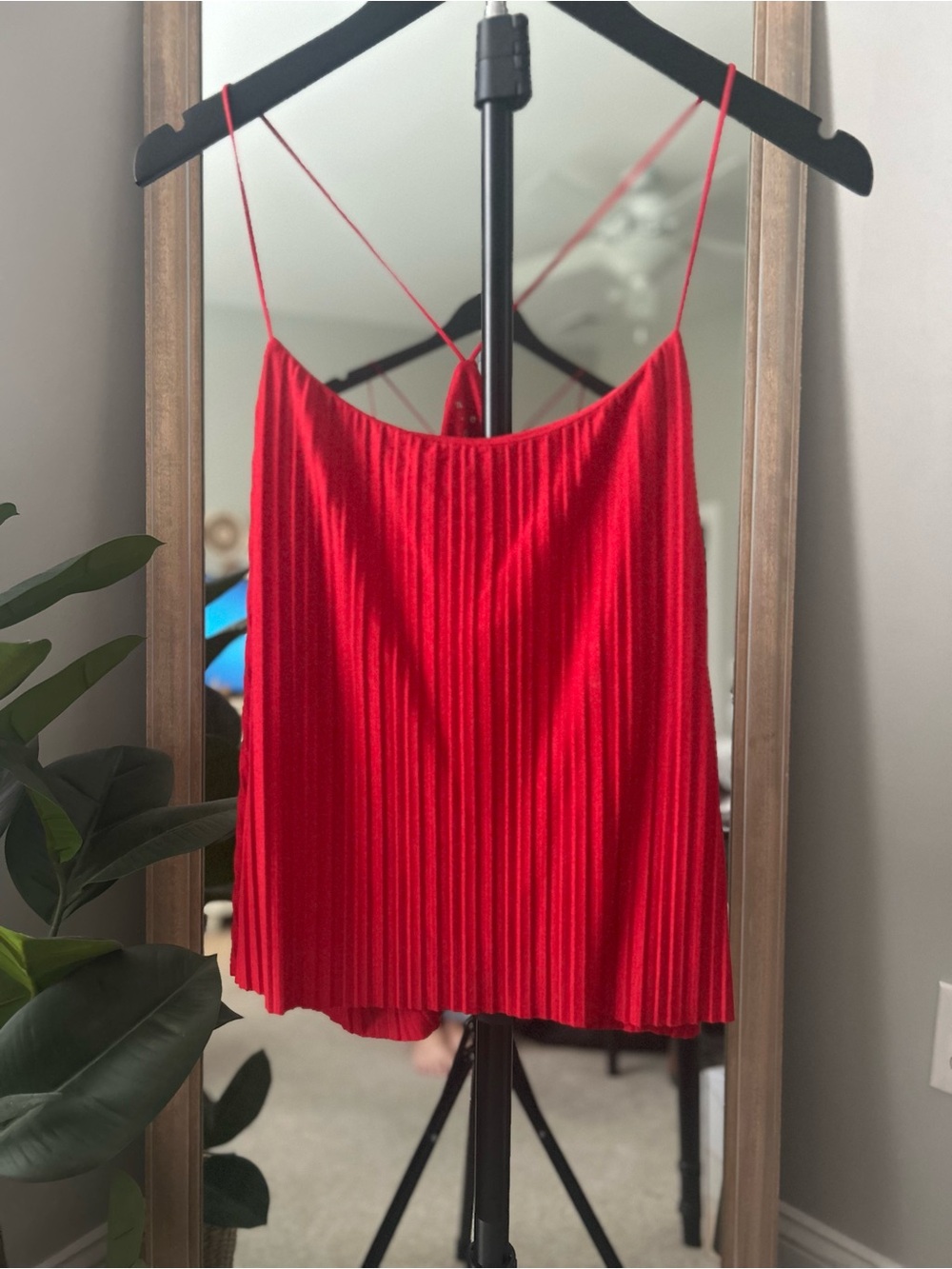 Red Pleated Spaghetti-Strap Cami